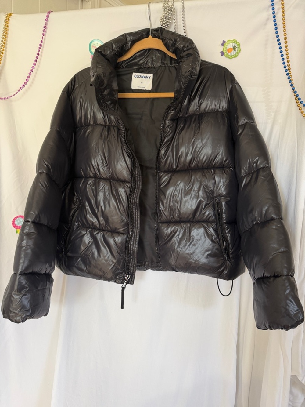 Old Navy Shiny Black Cropped Puffer Jacket
